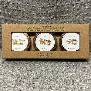 Trader Joe’s gift scented candle tin trio. Autumn leaves. Maple sugar. Spiced